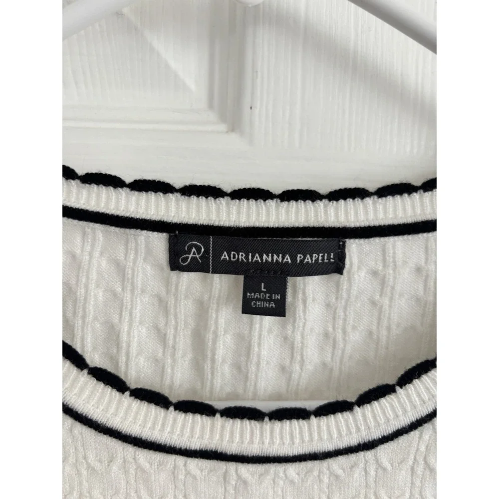 Adrianna Papell Ladylike Scalloped Edge Short Sleeve Sweater Size Large Wht/Navy - Picture 2 of 11